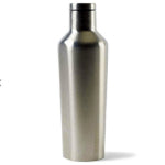 A stainless steel insulated Corkcicle canteen with a company logo