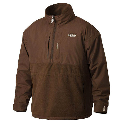 A brown custom logo branded Drake Waterfowl pullover against a white background