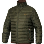 A hunter green logo embroidered Drake Waterfowl men's puffer jacket in front of a white background