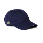 A dark navy blue corporate Lacoste hat against a white background