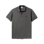 A dark gray custom Lacoste men's polo shirt with a logo embroidered against a white background