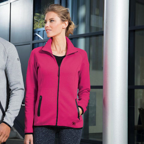 Add your company logo and name to custom OGIO full-zip jackets and sweaters for women