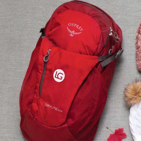 A bright red custom Osprey backpack with a corporate logo embroidered