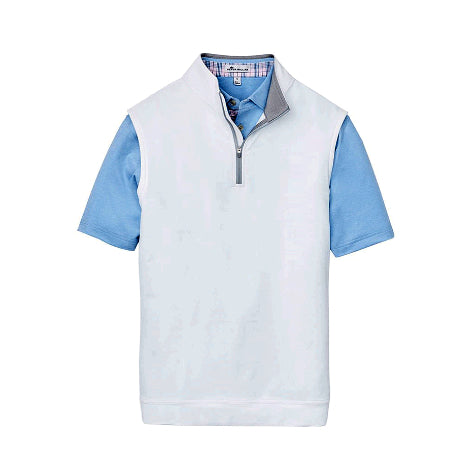 A sky blue Peter Millar polo shirt with a white sweater vest over top with a custom logo embroidered against a white background