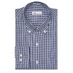 A blue and white checkered corporate Peter Millar button-up shirt against a white background