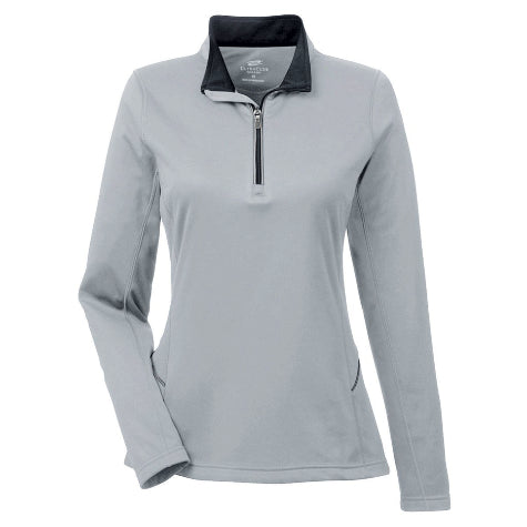 A light gray corporate women's UltraClub pullover with a black collar against a white background