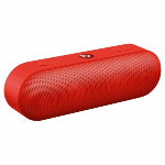 A bright red custom Beats by Dre bluetooth speaker against a white background