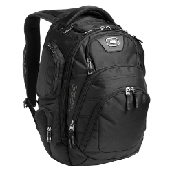 The custom black OGIO Stratagem Backpack features your company logo embroidered on the front for a clean look no matter where you're travelling
