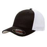 A black and white corporate Flexfit trucker hat sits against a white background