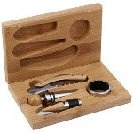 A beautiful wooden wine opener box set is open sitting against a white background