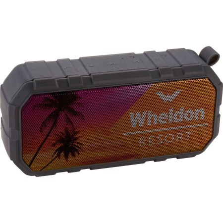 A corporate logo-branded waterproof bluetooth speaker with a bright, colorful logo printed on the front against a white background