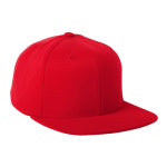 A bright red custom Flexfit Snapback hat sitting against a white background 