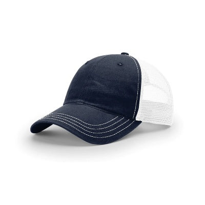 Add your company logo to corporate Richardson trucker hats such as this navy and white Richardson trucker cap