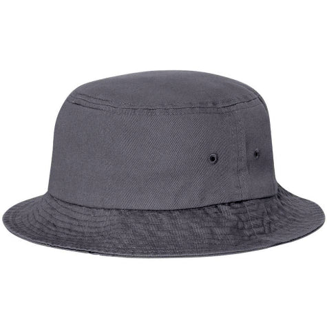 A gray custom Sportsman bucket hat with a logo embroidered sitting against a white background