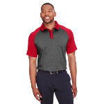 Man standing in a red and gray corporate Spyder polo shirt from Merchology