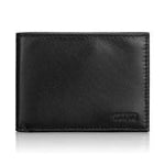 A black leather logo embossed TUMI travel accessory against a white background