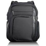 A dark gray and black corporate TUMI work backpack sitting against a white background