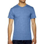 A man in a light blue custom American Apparel t-shirt in front of a white background