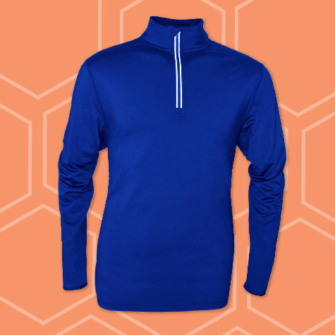 A bright royal blue corporate BAW men's quarter-zip against an orange background with gray hexagons on it