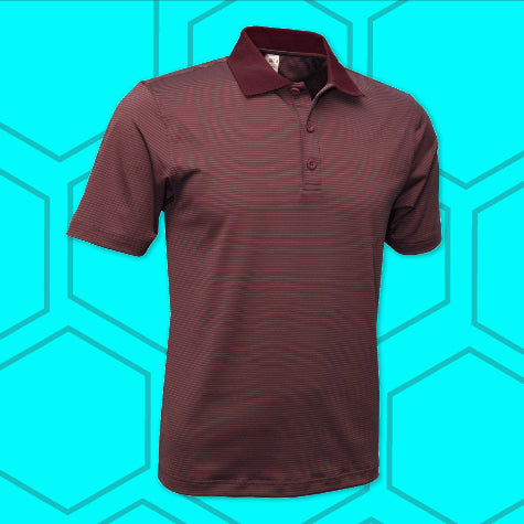 A maroon custom logo BAW men's polo shirt against a teal background with gray hexagon shapes