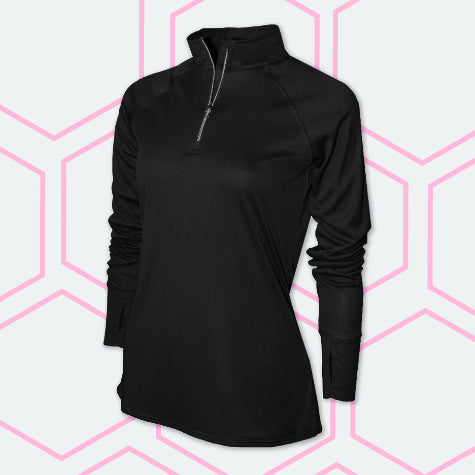 A black custom logo embroidered BAW women's quarter-zip pullover against a white background