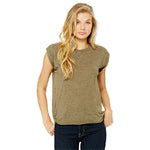 A woman standing in an olive green custom Bella + Canvas women's t-shirt against a white background