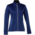 A blue custom Callaway women's zip-up jacket with an embroidered company logo