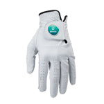 A white custom Callaway golf glove with a company logo added on the front