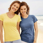Two women wearing logo embroidered Comfort Colors women's t-shirts outside in the sunshine