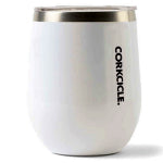 A white custom Corkcicle wine tumbler with a company logo engraved
