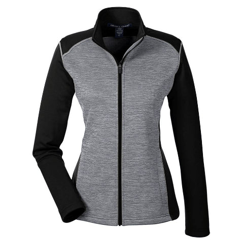 A gray and black custom Devon and Jones zip-up jacket for women