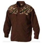 A dark brown and camoflauge designed logo embroidered Drake Waterfowl men's shirt against a white background