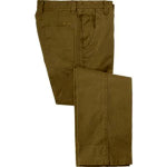 A pair of dark khaki pants are slightly folded vertically against a white background