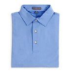 A light blue custom Peter Millar polo shirt with a corporate logo embroidered