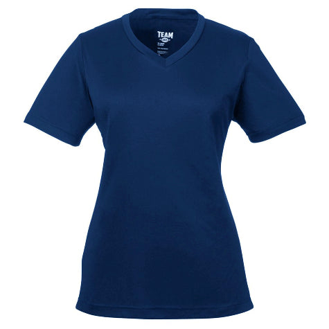 A navy blue custom Team 365 women's t-shirt against a white background