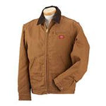 A clean tan custom Dickies work jacket with a brown collar against a white background