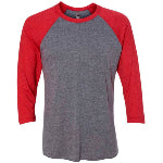 A gray and red baseball sleeve corporate Next Level Apparel unisex shirt against a white background