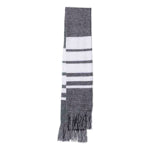 A gray corporate Sportsman scarf with white stripes in different thicknesses against a white background