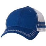 A royal blue and white corporate Sportsman trucker hat against a white background