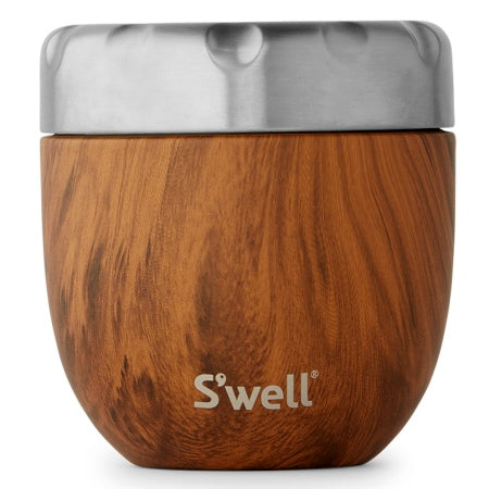 A custom logo-branded S'well Teakwood Food Container in front of a white background