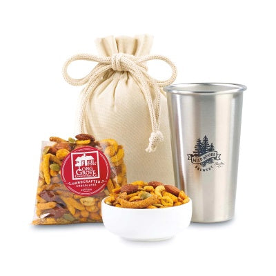 A personalized wedding snack set with a reusable pint glass creates a wonderful wedding gift