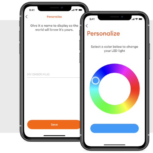 Two smartphones side by side showing how to choose your Ember mug LED light color