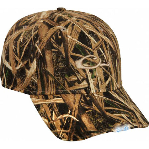 A camouflaged styled corporate Drake Waterfowl hat with a logo embroidered on the front against a white background