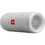 A white bluetooth JBL speaker with a custom company logo printed on the top