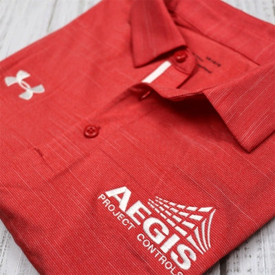 Custom logo-branded Under Armour red polo shirt with an embroidered logo on the front