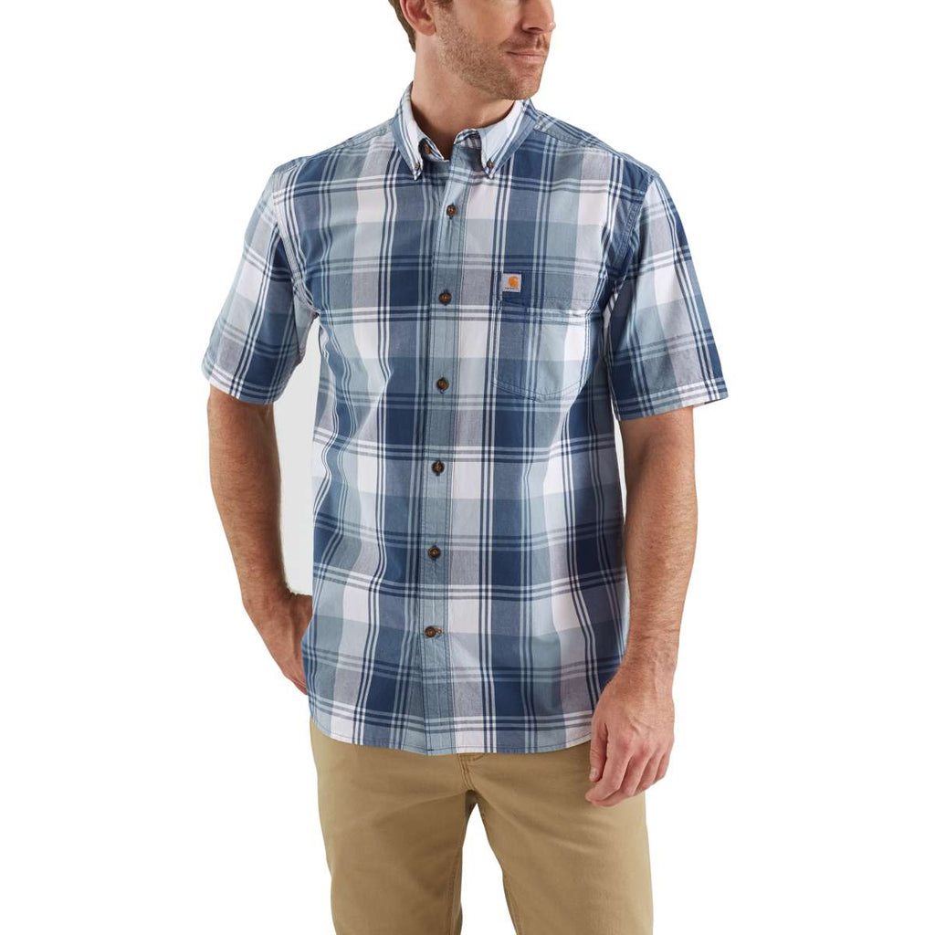 Carhartt Men's Dark Blue Essential Plaid Button Down Short Sleeve Shir