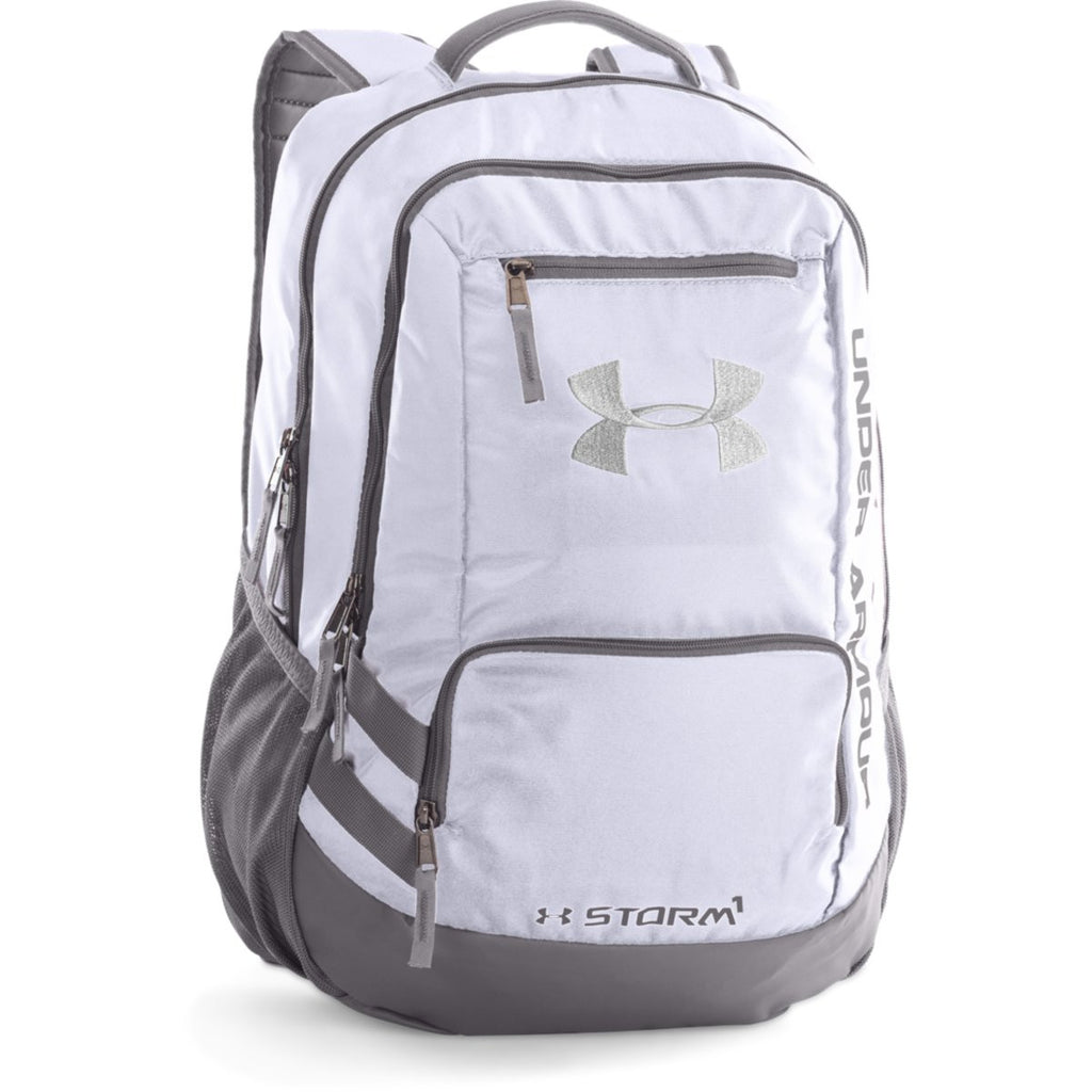 white and grey under armour backpack