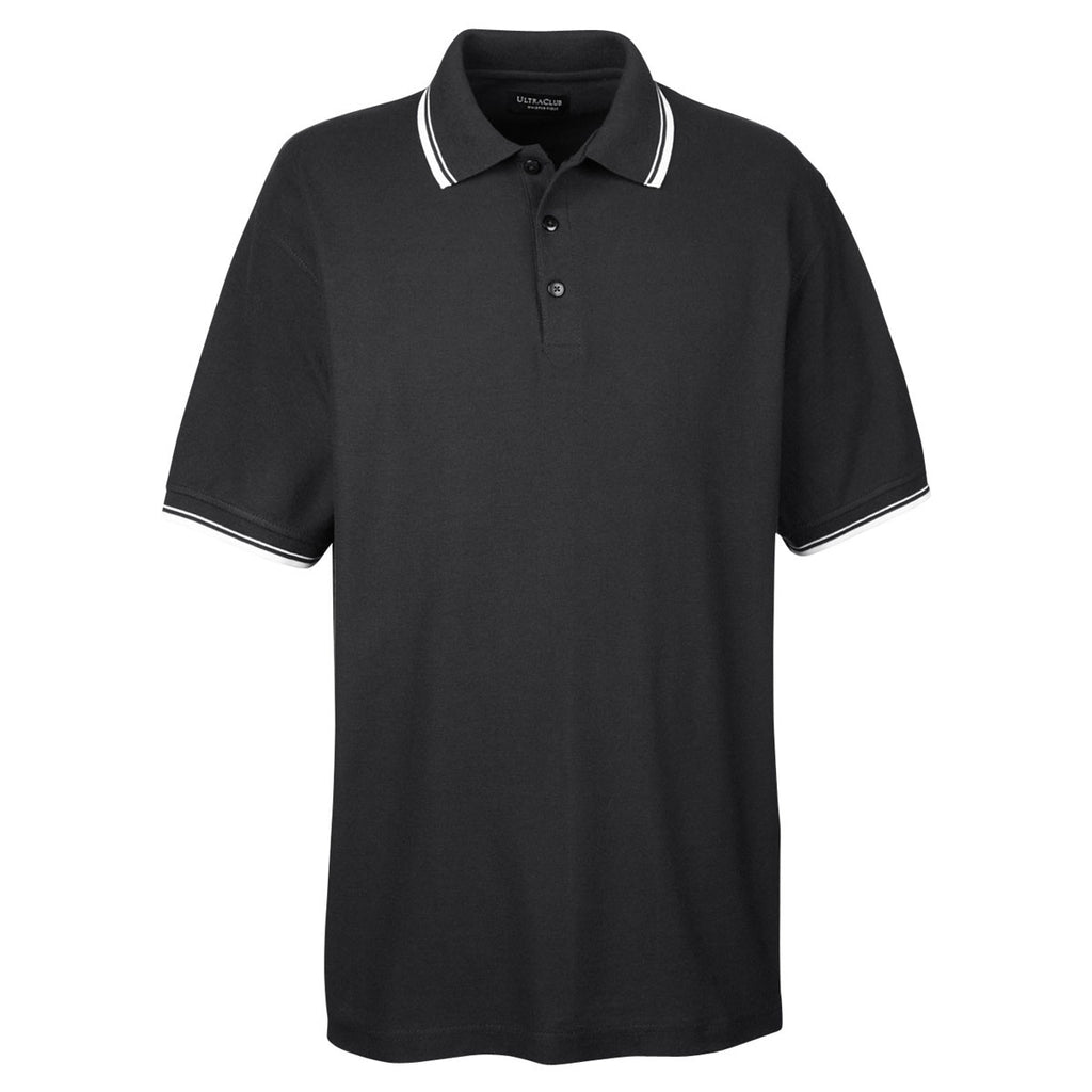 UltraClub Men's Black/White Short-Sleeve Whisper Pique Polo with Tippe