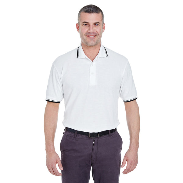 UltraClub Men's White/Black Short-Sleeve Whisper Pique Polo with Tippe