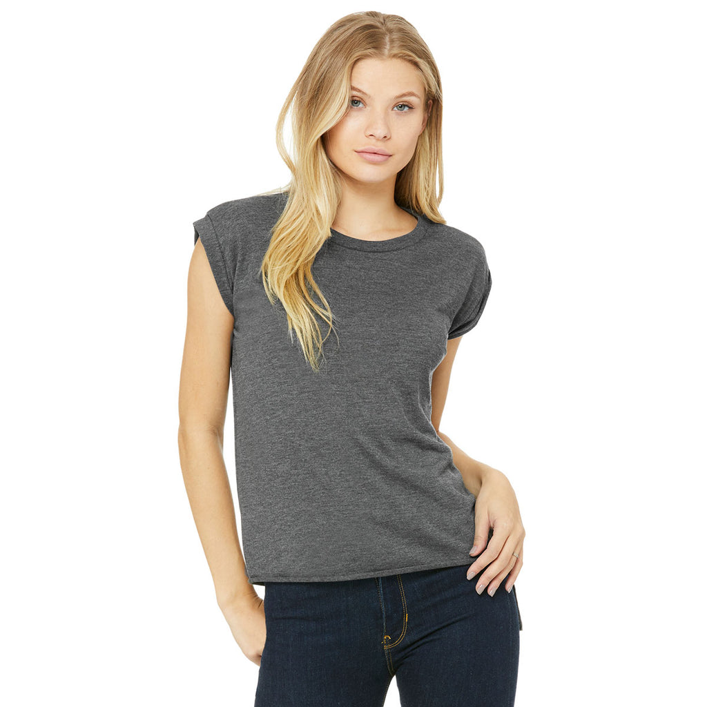 Bella Canvas Womens Dark Grey Heather Flowy T Shirt With Rolled Cuf
